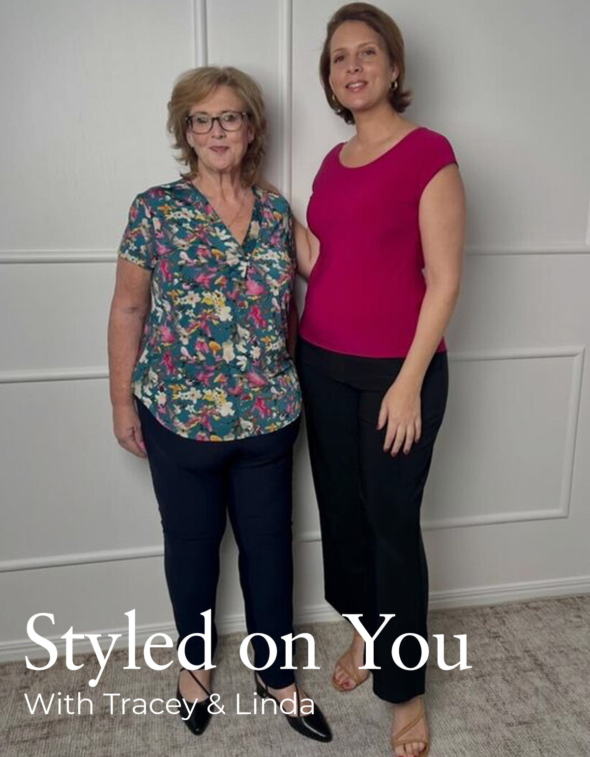 2 women wear Australian and  New Zealand women's clothes brand, L&F's short sleeved tops and workwear pants in comfortable stretch jersey for corporate comfort.