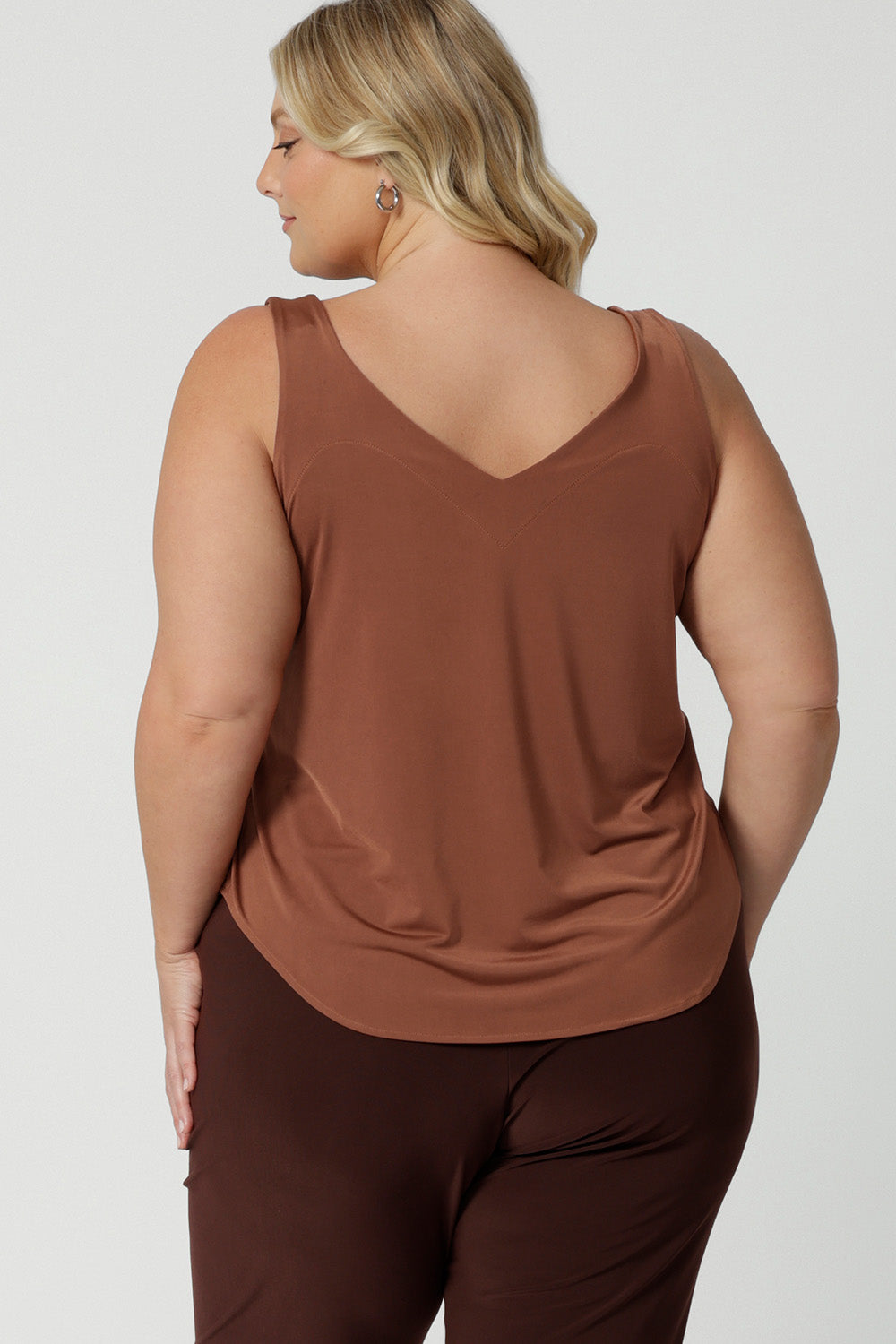 Back view of a great plus size cami top for off duty wear or event dressing. Eddy Cami in Clay has wide shoulder straps, a soft V-neckline and loose fitting slinky jersey body. Made in Australia by Australian fashion brand, Leina & Fleur.