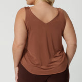 Back view of a great plus size cami top for off duty wear or event dressing. Eddy Cami in Clay has wide shoulder straps, a soft V-neckline and loose fitting slinky jersey body. Made in Australia by Australian fashion brand, Leina & Fleur.