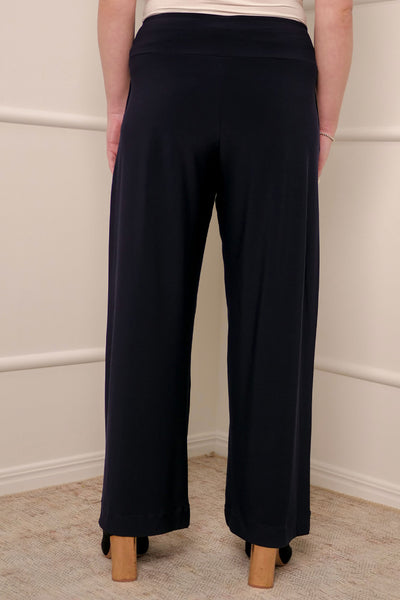 Straight, wide-leg navy pants cut for petite height women. These petite length work pants are comfortable in pull-on jersey fabric and made in Australia in sizes 8 to 24.