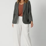 Light weight blazer is Australian made using a fabric mix of linen, cupro and tencel. Breathable blazer design  allows you to stay comfortable and cool in any climate. Linen blazer is ideal for travel. Tailored fit ensures versatility for both casual and formal occasions. Shop this summer ready blaze in sizes 8-24. 