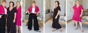 Personal Brand Style That Fits Your Personality as well as your dress size - the 3 step guide. Image shows three different models, one wearing black wide leg pants and a white top, one wears a black polkadot jumpsuit and the third wears a pink wrap dress