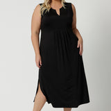 Women's plus size black jersey dress  Shown on a size 18, this sleeveless black dress is made in Australia by Australian and New Zealand women's fashion brand, L&F. Shop plus size summer dresses online in size 8 to 24.