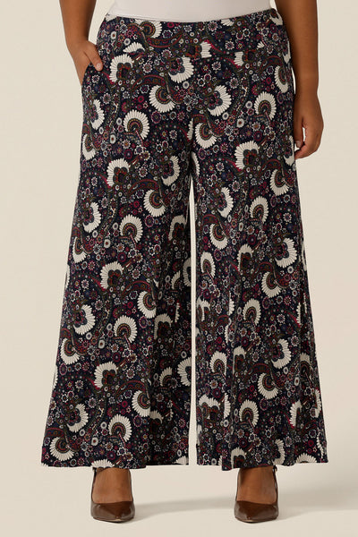 Detail image of the Presley wide-leg pants in paisley print jersey by Australian and New Zealand women's clothing brand, L&F. 