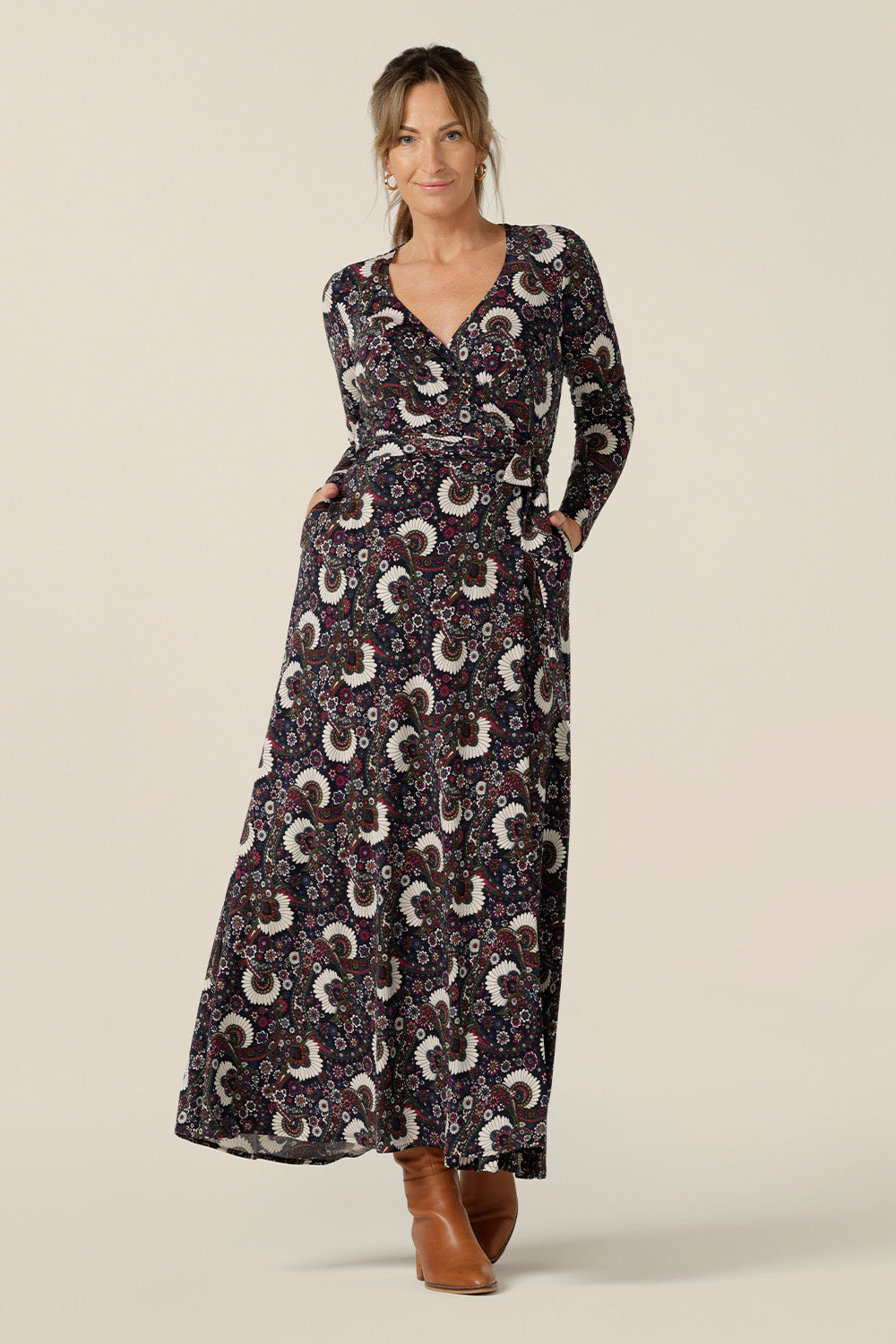A great maxi dress for women looking for stylish 40 plus fashion, the Kimberley maxi dress has long sleeves, pockets and a V-neck. This full-length, wrap dress comes in paisley print jersey and is available to buy in sizes 8 to 24.