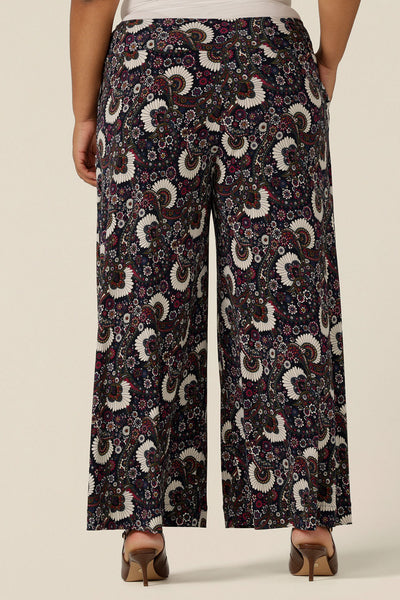 Back view image of the Presley wide-leg pants in paisley print jersey by Australian and New Zealand women's fashion brand, L&F. 