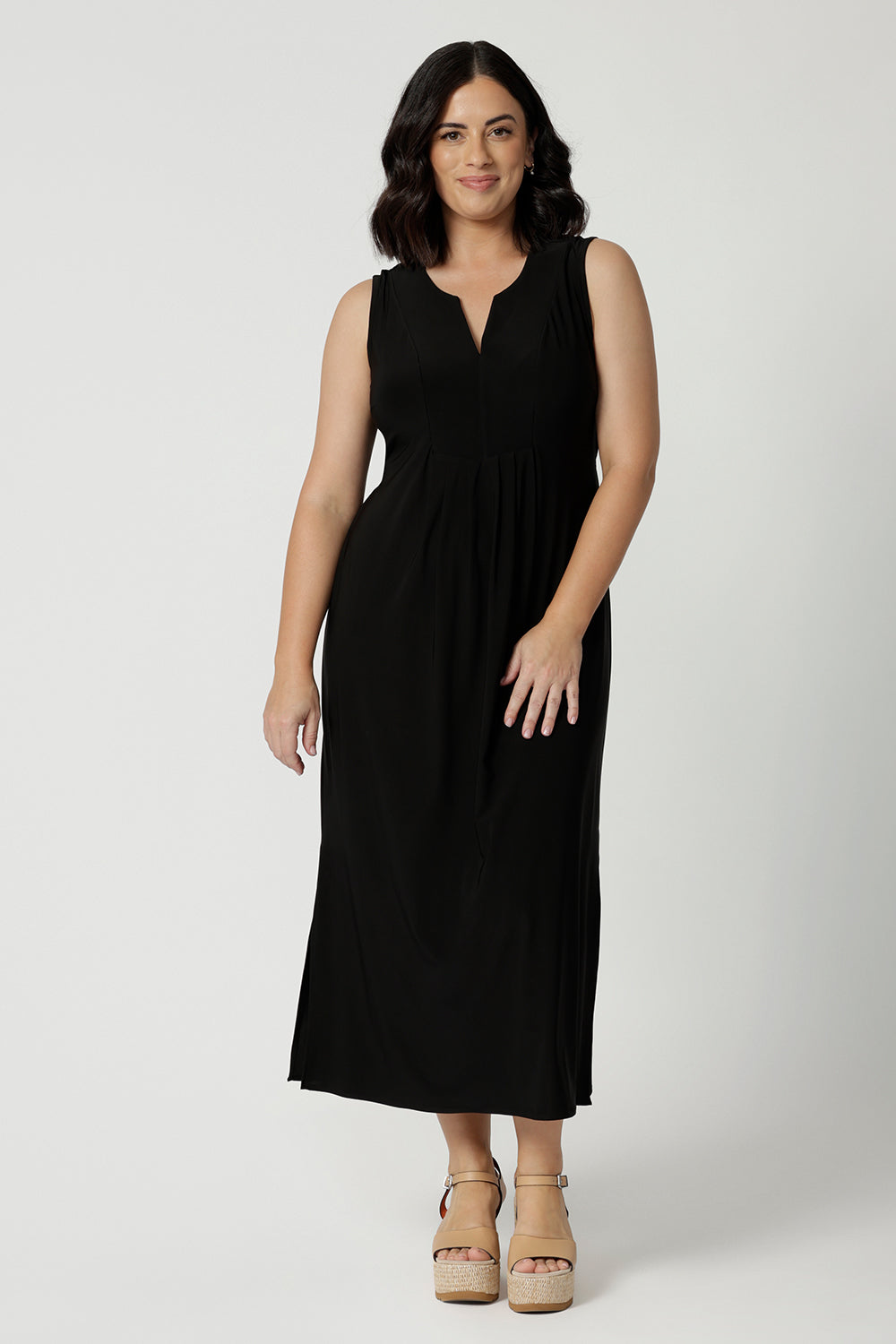 Petite-height friendly black jersey dress  Shown in dress size 10, this sleeveless black dress is made in Australia by Australian and New Zealand women's fashion brand, L&F. Shop petite summer dresses online in size 8 to 24.