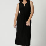 Petite-height friendly black jersey dress  Shown in dress size 10, this sleeveless black dress is made in Australia by Australian and New Zealand women's fashion brand, L&F. Shop petite summer dresses online in size 8 to 24.