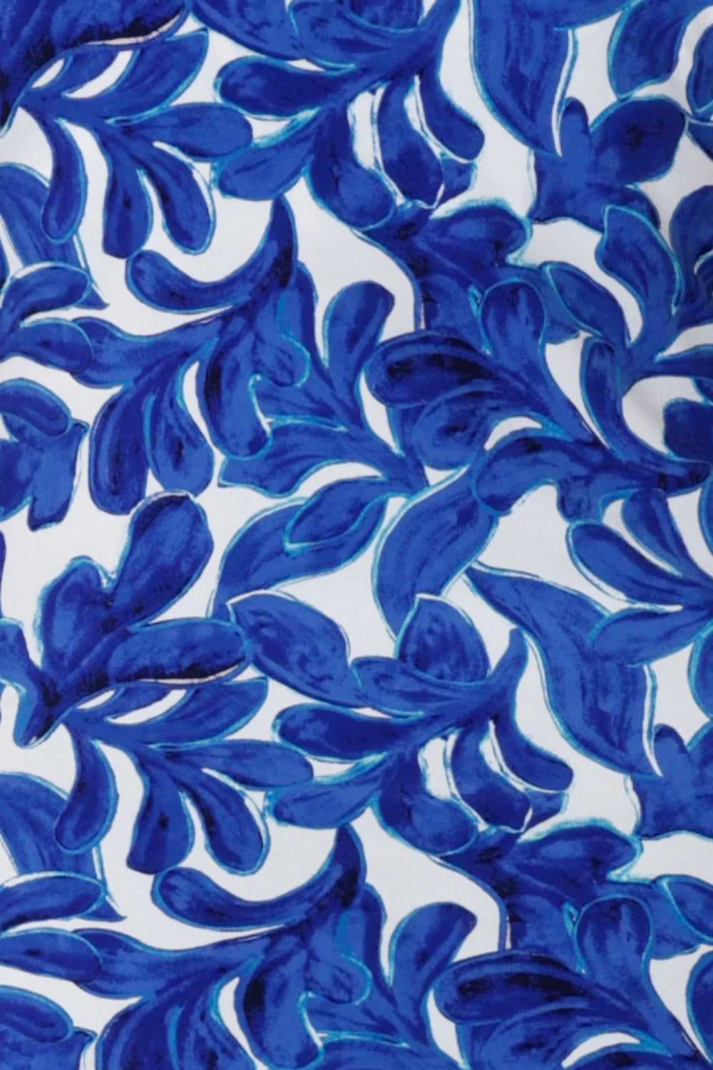 Cobalt Leaf print is on a white lightweight dry-touch jersey with print details in shades of blue. The fabric has stretch. This easy care fabric has been used to create a bold, summer ready collection of tops, pants & dresses by Leina & Fleur. Available in sizes 8-24.