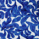 Cobalt Leaf print is on a white lightweight dry-touch jersey with print details in shades of blue. The fabric has stretch. This easy care fabric has been used to create a bold, summer ready collection of tops, pants & dresses by Leina & Fleur. Available in sizes 8-24.