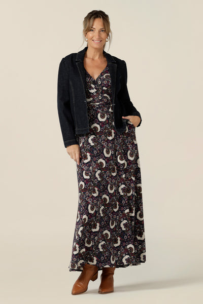 A great maxi dress for women looking for stylish 40 plus fashion, the Kimberley maxi dress has long sleeves, pockets and a V-neck. This full-length, wrap dress comes in paisley print jersey and is worn with a tailored denim jacket. Australian made and available to buy in sizes 8 to 24.