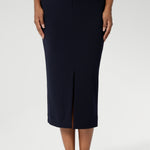 Navy workwear skirt is made of easy to care fabric in scuba crepe fabric. Workwear skirt has a deep navy colour. This comfortable work wear skirt provides full body stretch great for any office or corporate setting. Australia made clothing. Made by Australian and New Zealand women. Leina and Fleur is a woman’s fashion label that stocks sizes from 8 to 24. Shop this appropriate work skirt in plus size and petite sizes. 