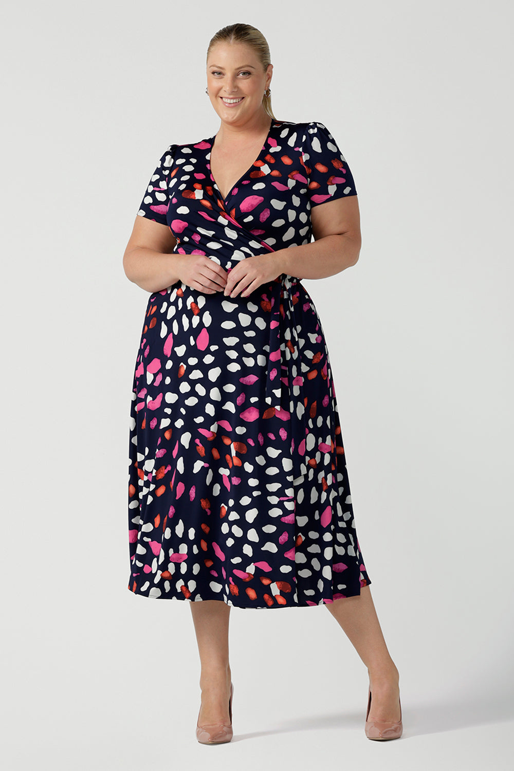 Jersey Wrap Dress with pretty pink and orange abstract spotty print