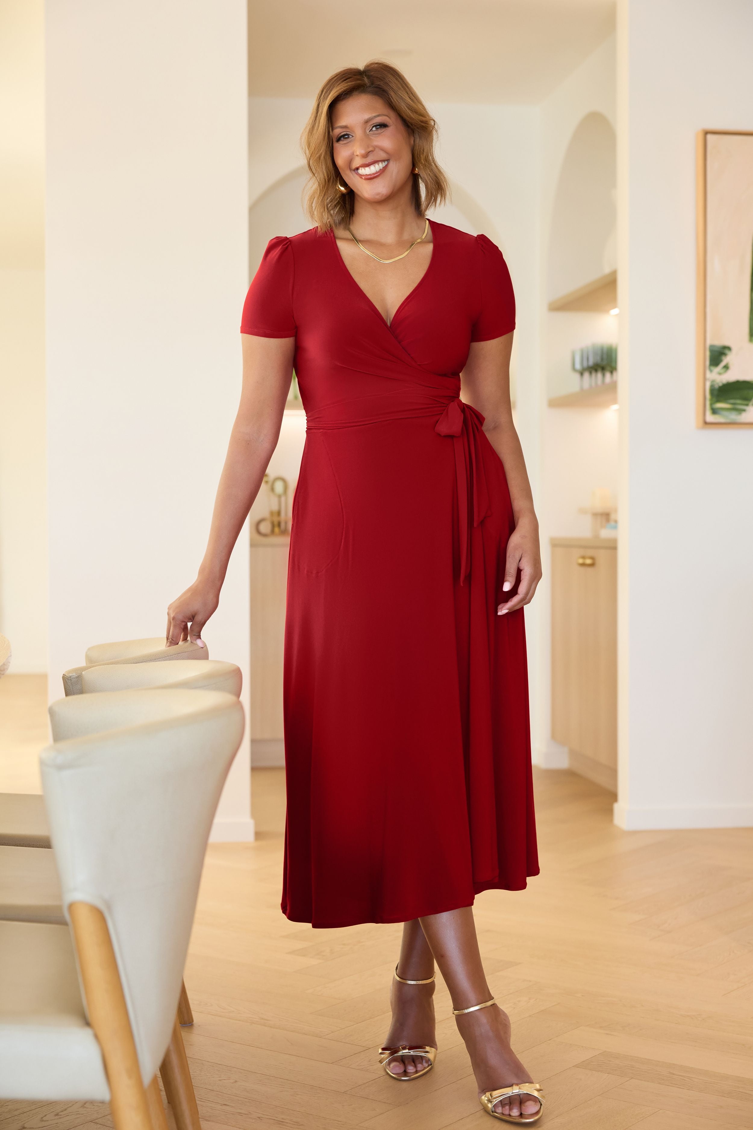The Alexis Dress is on red dry touch jersey fabric that provides a soft stretch. Due to the high pigment quality in this fabric, this garment needs to be washed separately before wear to avoid colour transfer onto other garments, as per the care label.