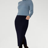 Elevate your wardrobe with the sophisticated Andi Midi Skirt in Navy, designed to keep you both work- and event-ready. Crafted from a navy dry-touch jersey fabric, this skirt offers a soft stretch for all-day comfort.