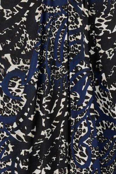 Swatch of an animal print fabric on a navy base, used by Australian-made women's clothes brand, Leina & Fleur to make shirts in sizes 8-24.