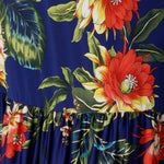 Swatch of Bahagia floral print used to create travel ready dresses and tops. Easy care and wrinkle resistant slinky jersey fabric was used by Australian and New Zealand women's clothing brand Leina & Fleur. Sizes 8-24.