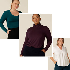 3 plus size women wear Australian-made bamboo jersey tops for travel capsule wardrobes in petrol green, mulberry red and white bamboo. 