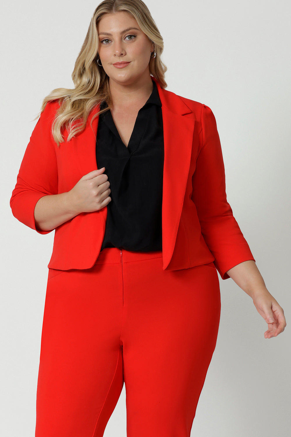 Size 18 model wears matching pants, the Benni Jacket creates the ultimate power suit. Perfect for making a bold, confident statement in both professional and social settings