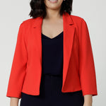The Benni Jacket is a standout piece that effortlessly transitions through the seasons, designed with a flattering open-front style and a narrow collar with notch lapels for a sharp, refined look.