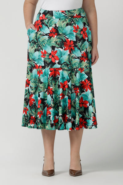 Close up of a size 12 woman wearing the Berit Maxi skirt in Havana with brown sling back shoes. Soft jersey skirt with tier and pockets. Made in Australia for women size 8 - 24.