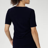 Australian-made women's top. Features short fitted sleeves and a square neckline. Stretchy fabric is perfect for weekend casual and everyday work wear. Available in sizes 8-24. Women's Navy Jersey Top.