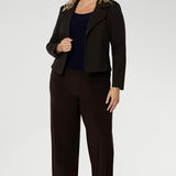 Short fitted sleeved women's Top made from stretchy fabric is perfect for weekend casual and everyday work wear. Available in sizes 8-24. Women's Navy Jersey Top is worn with Brown Pants and Brown Structured Jacket. 