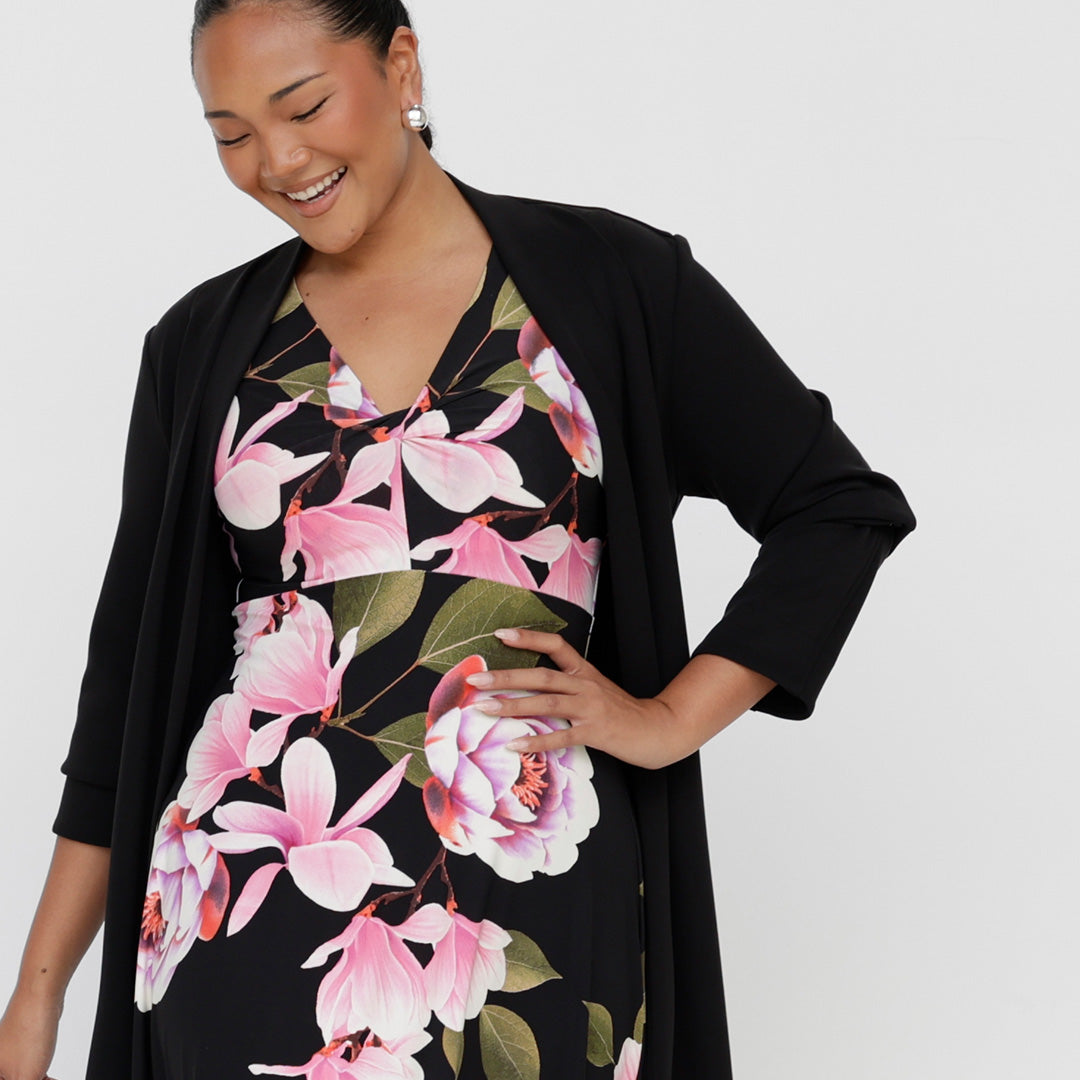 Whether you're looking for mother of the bride dresses or you're seeking wedding guest dresses, a floral print dress like this empire line midi dress is a great option. Available in sizes 8 to 24, this women's dress is made in Australia by Leina & Fleur. 