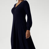 A dress that creates a flattering silhouette with elegant detail and is crafted pull on style. For effortless dressing The Bianca Dress in Navy is a long sleeve jersey dress perfect for work or classic event dressing. Made in Australia from our navy dry-touch jersey fabric. Available in size 8-24. 