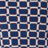 Image of fabric swatch used by Australian made woman's clothing brand Leina & Fleur, used to create a collection of woman's workwear tops in easy care printed and coloured dry touch jersey. The Blue Aperture print is on a dry touch jersey base that has a drier hand feel with print details in blue, vanilla and espresso. The fabric has a soft stretch and provides all day comfort. Available in sizes 8-24.