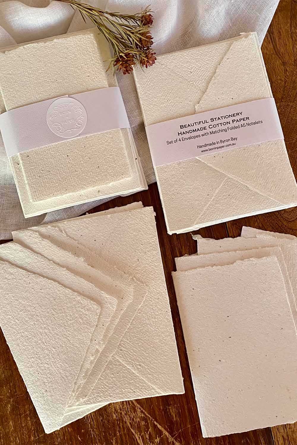 Handmade paper stationary. Set of 4 envelopes with matching folded A5 notelets. Handmade in Byron Bay Australia
