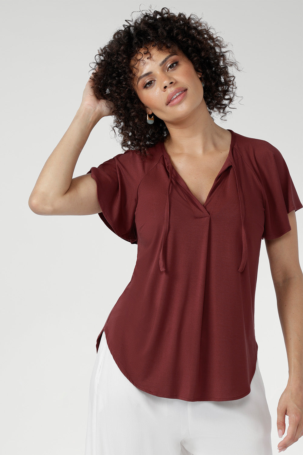 The Rosewood shade offers a warm, refined richness that pairs effortlessly with both neutrals and deeper tones. Wear with wide-leg pants or tailored separates for a polished, relaxed look. Made in Australia with integrity.