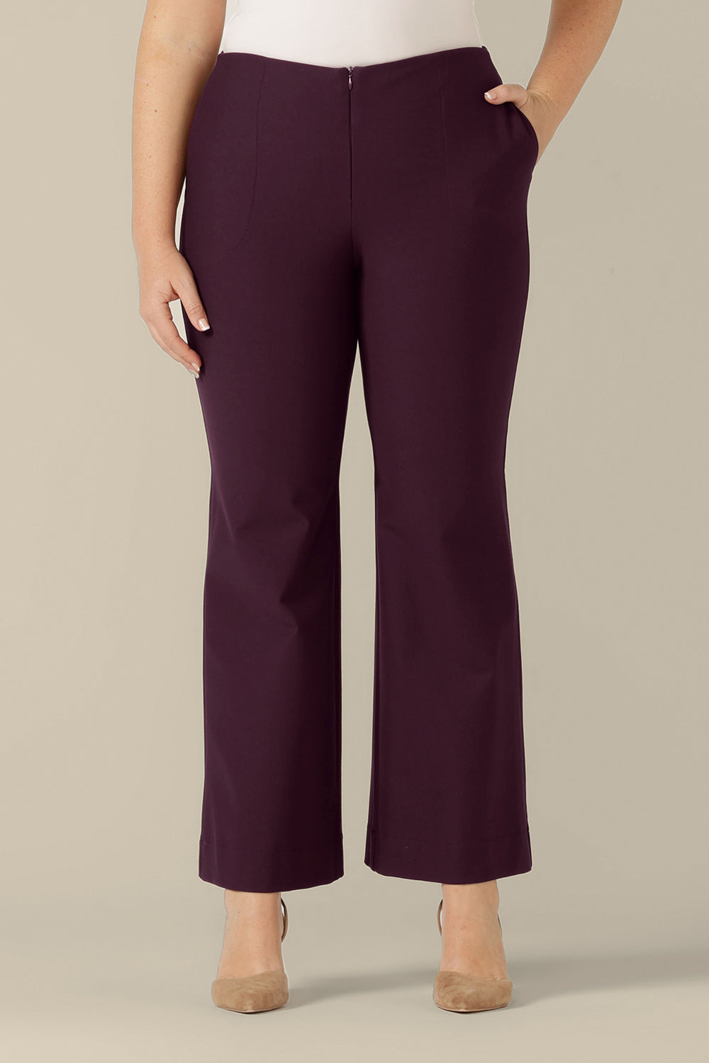 Good for workwear or evening wear pants, these mulberry trousers, shown in a size 12, by Australia and New Zealand women's fashion label, L&F feature full-length, boot-cut flared legs. 