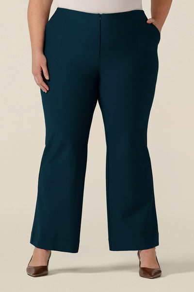 Petrol blue, tailored bootcut pants, size 18. Made in Australia in ponte fabric, these comfortable work pants are great for plus size women - shop in sizes 8 to 24.