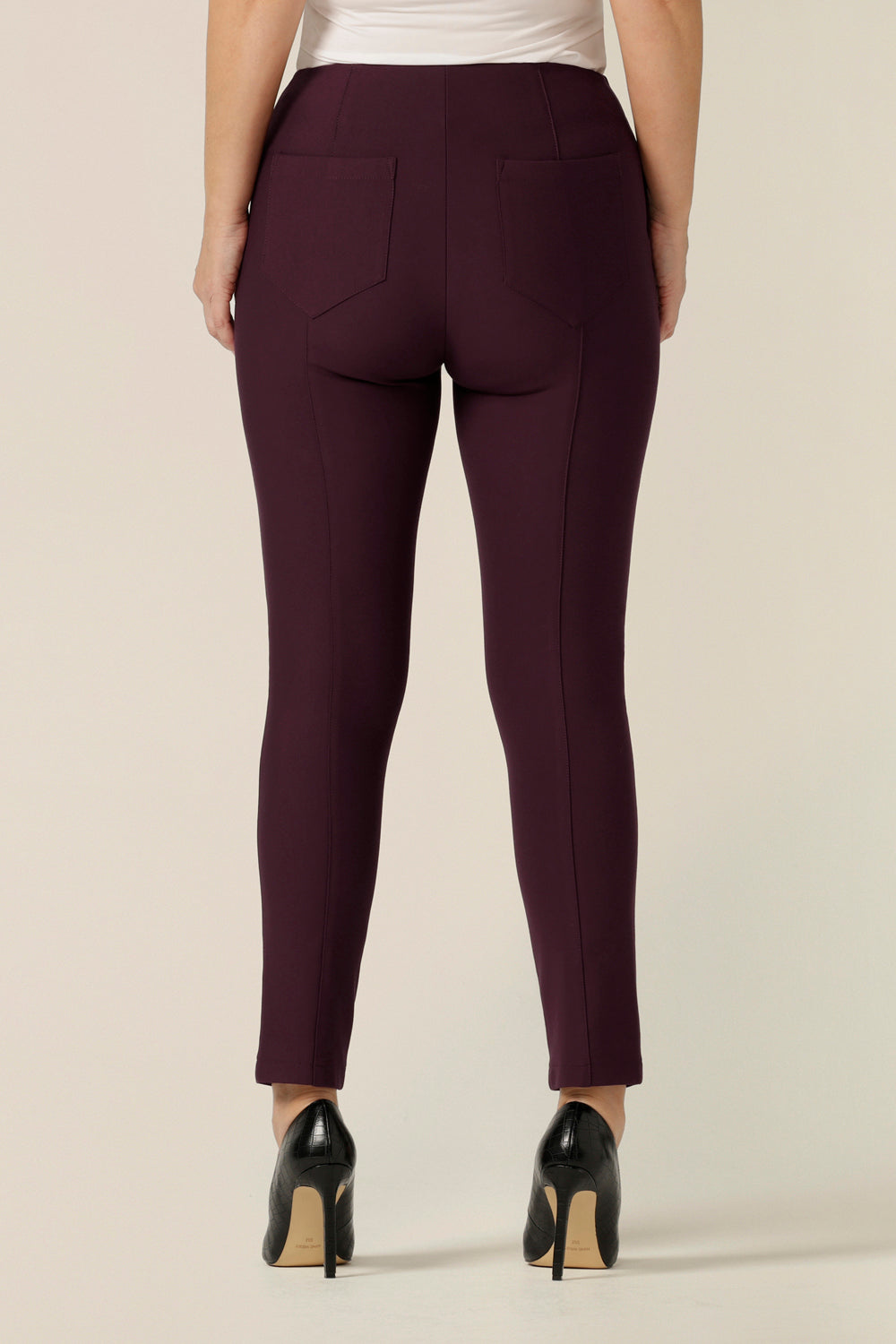 Back view of slim leg, cropped length pants with pockets by Australian-made women's clothing brand, L&F.