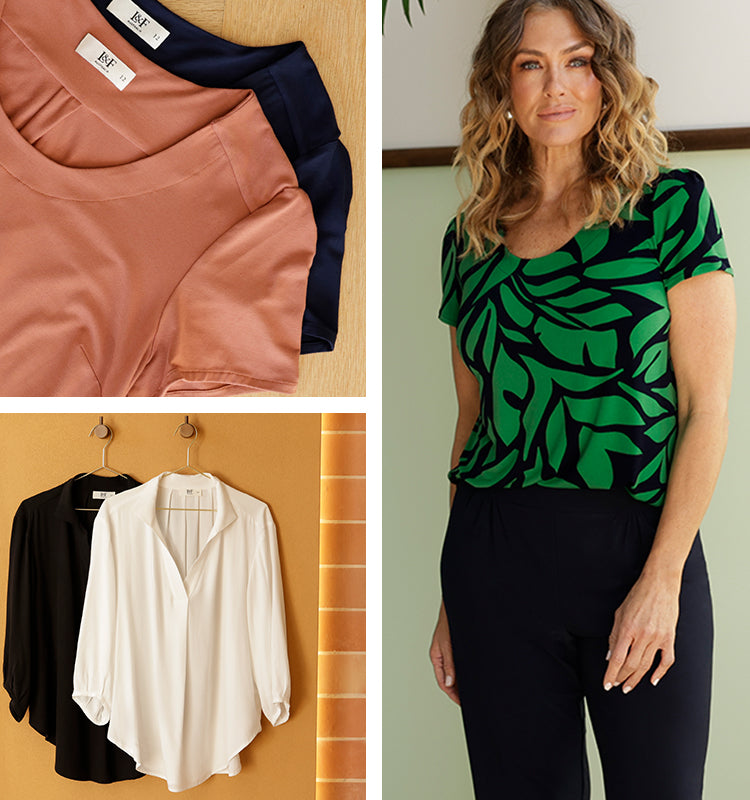 Showing the best tops for women this spring, image shows flatlays of 2 round neck, short sleeve tops in bamboo jersey, to the left. In the middle, a woman wears a business casual work top in green and navy jersey fabric. To the right, hang two sustainable Tencel work shirts for women, one a classic white shirt, the other a graphite black ladies shirt. All are made in Australia by women's clothes label, Leina & Fleur.