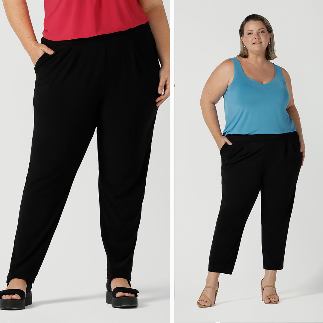 Showing great travel pants in two lengths, one images shows full length, tapered leg, casual, jersey pants with stretch for curve and comfort! Woman 2 wears plus size tapered leg, casual pants with stretch in cropped length as petite height pants, with a mineral blue cami top. All tops and pants are made in Australia by women's clothes brand Leina & Fleur.