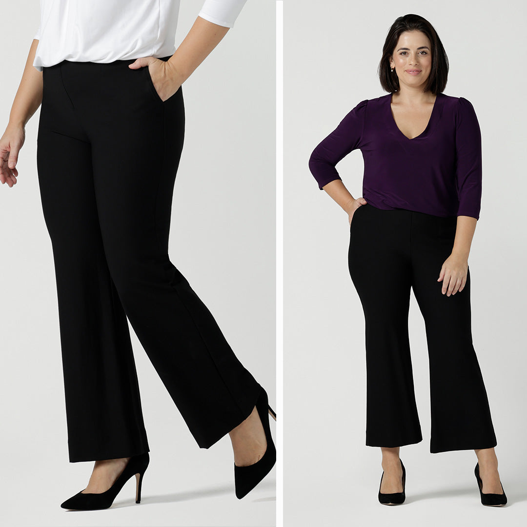 Showing great work pants for women, the images shows two black pants with flared legs. Pant 1 is a full-length black workwear pant with stretch and boot-cut flared legs. Pant. 2 is a boot-cut flared leg, cropped length pant for petite height women. Both regular and petite pants are made in australia by Australian and New Zealand women's clothes brand, Leina & Fleur. .