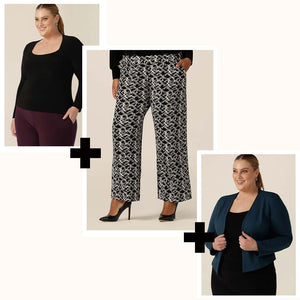 Good for business trip packing, this square scoop neck black top with long sleeves, straight wide leg printed pants and open-front work jacket with stretch combine to style a workwear outfit for business travel fashion.