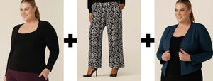 Good for business travel outfits, this square scoop neck black top with long sleeves, straight wide leg printed pants and open-front work jacket with stretch combine to style an outfit for business trips. 