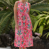 This summer dress embodies the essence of a resort lifestyle with its tropical abstract print, evoking a vibrant, exotic feel perfect for beach getaways or laid-back vacations. Made from a lightweight crepe jersey, the dress offers a breathable and soft texture, ensuring comfort even on the warmest days. The fabric has a slight stretch, providing a flattering, flexible fit that moves with you. Shop the Fernanda Dress in Indian Summer in sizes 8-24. 