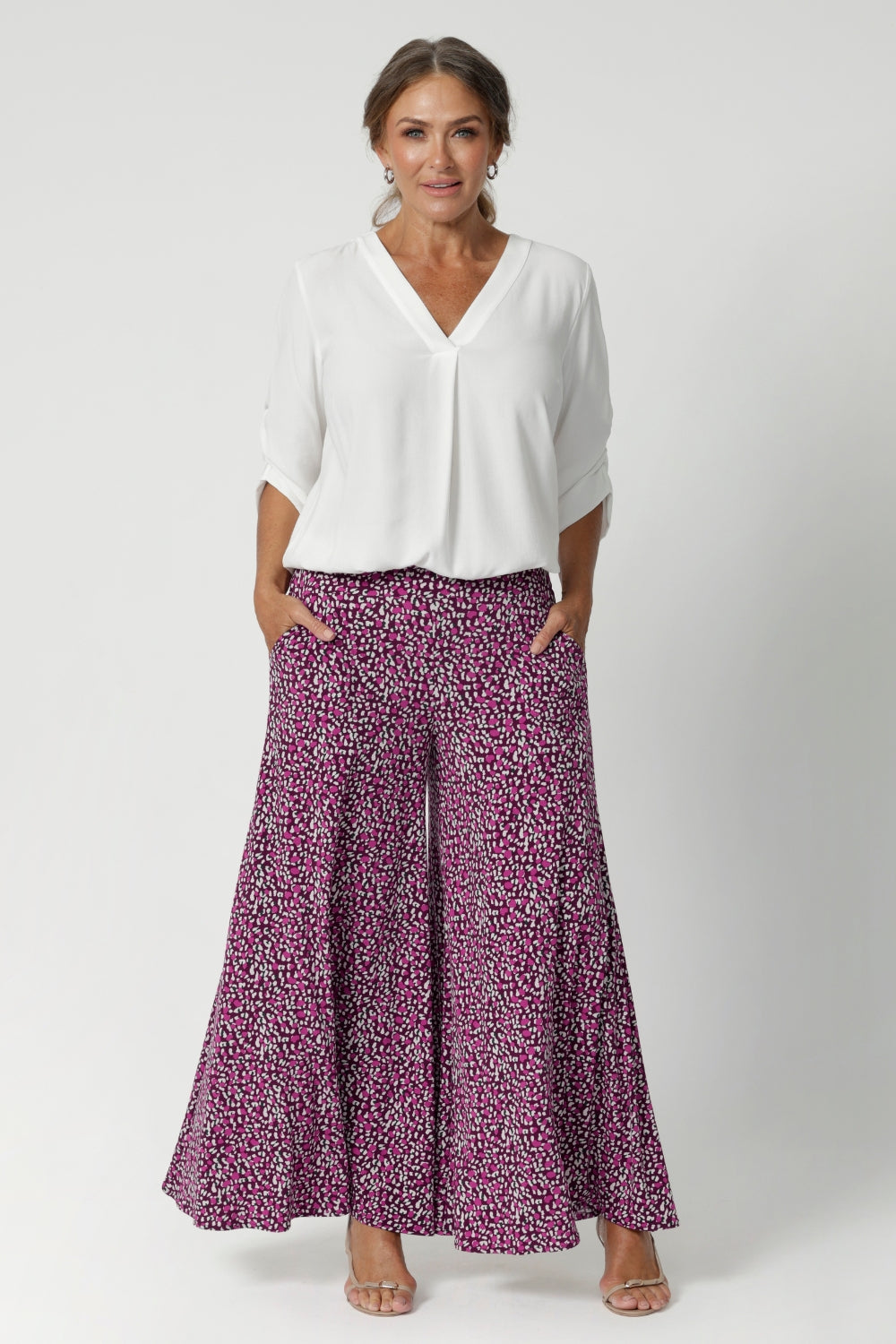 The Caspian Pant is the ultimate statement piece for effortless style with a touch of drama. Wide leg, flowing palazzo legs, create a bold, flattering silhouette that moves beautifully with every step. Available in sizes 8-24.