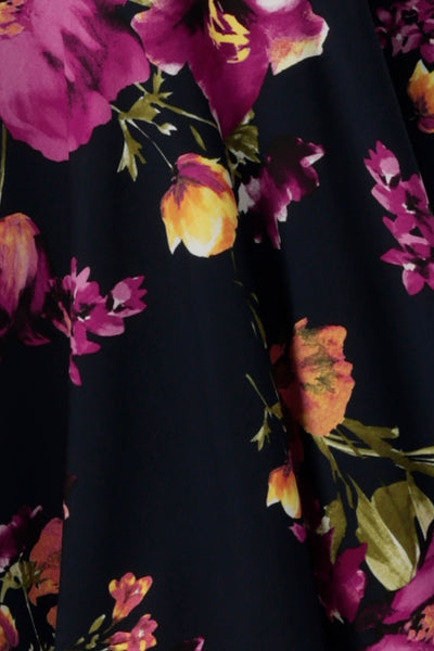 Celeste printed fabric beautiful floral with plum, pink and yellow on a navy base colour. For made in Australia garments for women size 8 - 24. 