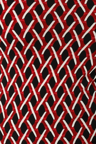 Chevron Geometric print fabric with a red base colour. Made in Australia for women size 8 to 24. Jersey fabric