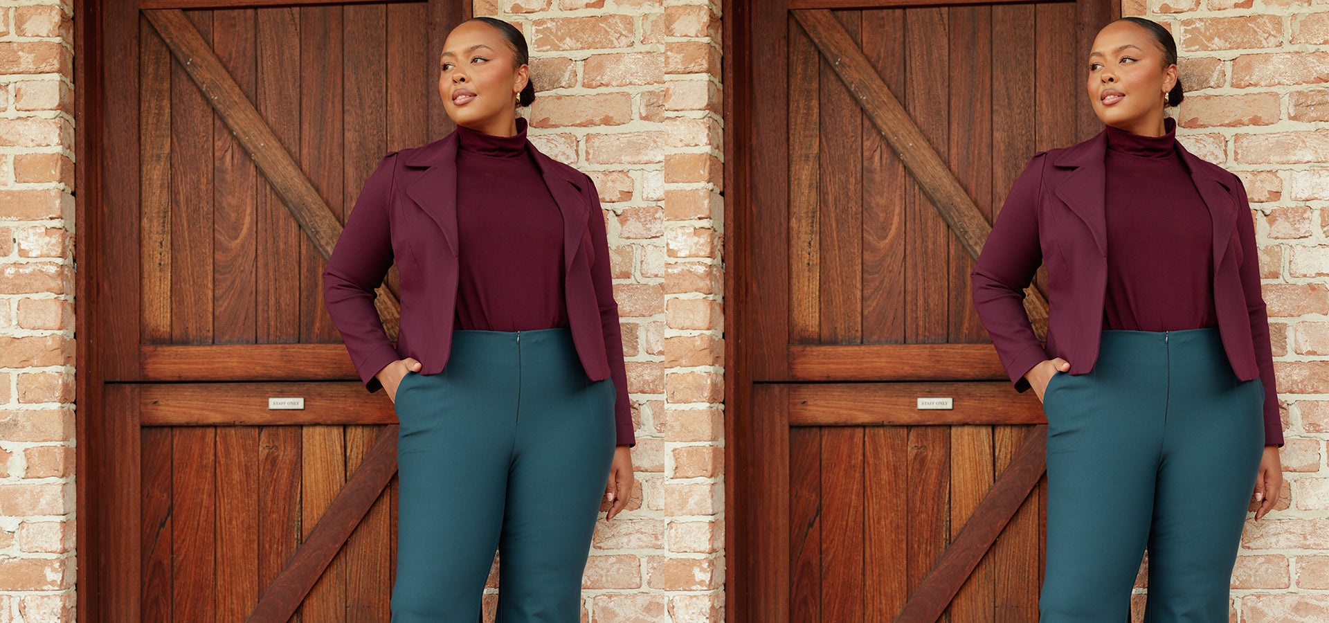 Great work wear looks for your capsule wardrobe by L&F Australia - a size 18 woman wears tailored pants in Petrol blue with a turtle neck top in easy-care bamboo jersey and a tailored work jacket.