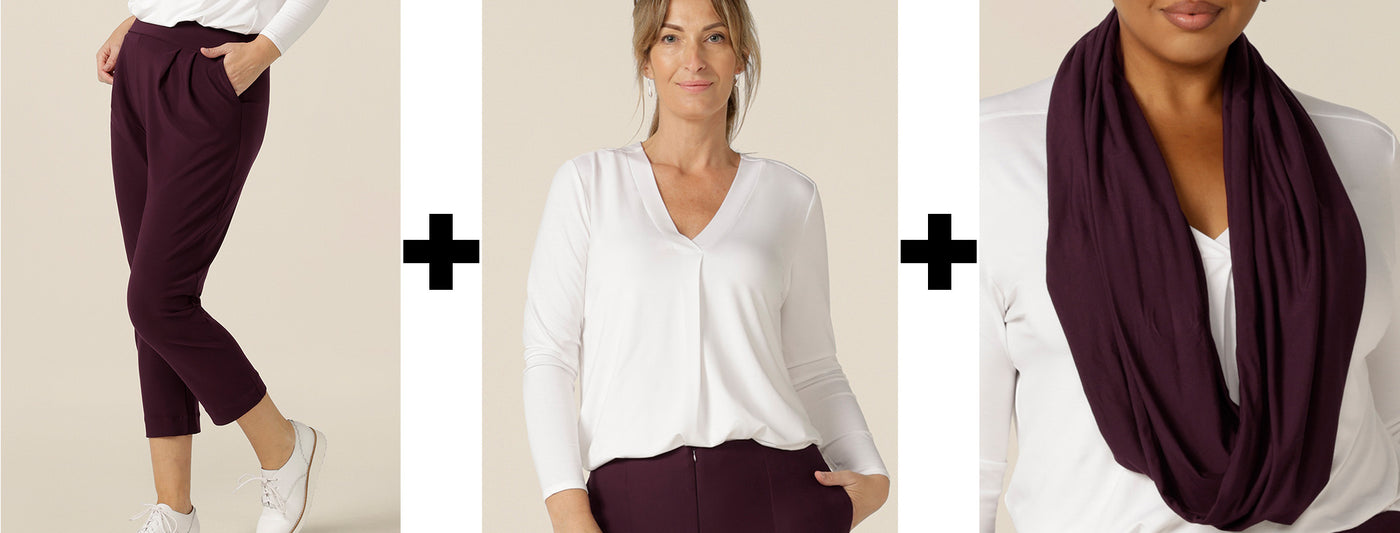 Comfy clothes for long haul flights, L&F's dropped crotch jersey pants, bamboo jersey tops and bamboo jersey scarves make great travel clothing.