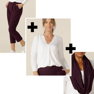 Comfortable clothes for long haul flights, L&F's dropped crotch jersey trousers, bamboo jersey tops and bamboo jersey scarves make good travel clothing.