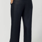 Size 12 woman wears pull on pant style which offers a relaxed yet flattering fit. The waistband crafted from stretch bamboo jersey provides extra flexibility and comfort throughout the day for a woman on the go. Leina & Fleur stock these pants in sizes 8-24