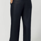 Size 12 woman wears pull on pant style which offers a relaxed yet flattering fit. The waistband crafted from stretch bamboo jersey provides extra flexibility and comfort throughout the day for a woman on the go. Leina & Fleur stock these pants in sizes 8-24