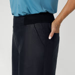 These linen pants feature a stretchy waistband crafted from bamboo jersey, providing extra flexibility and comfort around the waist. These workwear pants are a considered design, made for petite and plus sized woman in sizes 8 through to 24.
